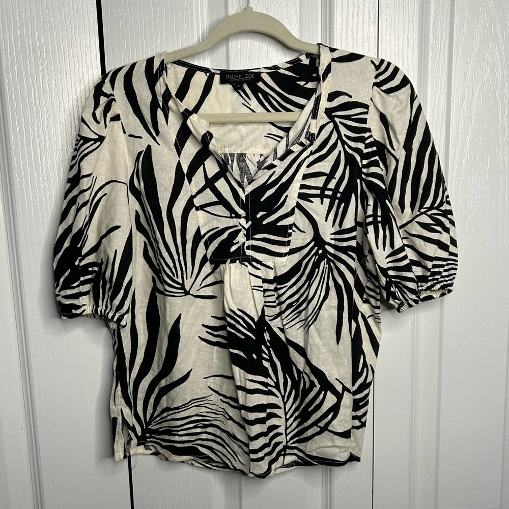 RACHEL ZOE Women’s Black/White Floral Linen V-Neck Blouse Size Small Lightweight